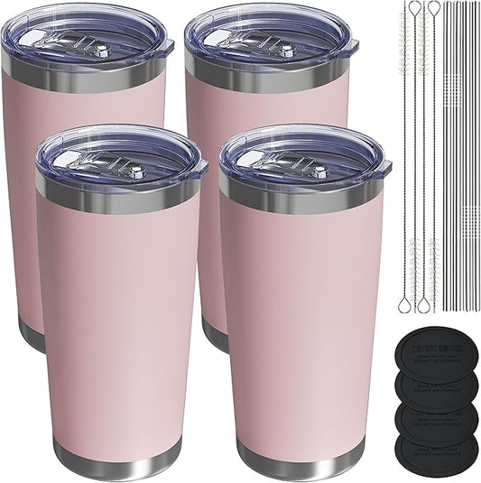 Travel Coffee Tumbler 20oz, 4 Pack Leakproof Travel Coffee Mug with Lid and Straw, Stainless Steel Double Wall Vacuum Insulated Tumbler for Hot/Iced Drinks (Textured Matte, Soft Pink)