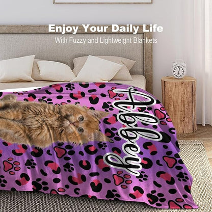 Custom Pet Name Blanket Personalized Dog Memory Blankets with Photos Customized Puppy Blanket for Large Medium Small Dog, Dog Gift for Dog Lovers Mom Dad Cute Dog Cat Paw Prints