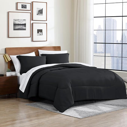 Cathay Home Basic Bedding Home Essential Ultra Soft Light Weight 6PC Wrinkle Resistant Microfiber Bed in a Bag Set (Includes Complete Sheet Set, Comforter Set & Bedskirt) - Twin, Black