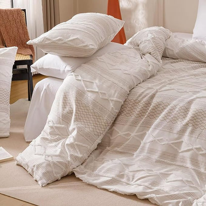 Houseri Tufted Comforter Set Twin Beige Jacquard Bedding Sets