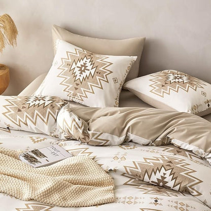 Wake In Cloud - Western Comforter Set, Boho Southwestern Rustic Farmhouse Style with Aztec Geometric Block Pattern, Soft Lightweight Bedding, 3 Pieces, Taupe Beige, Queen Size