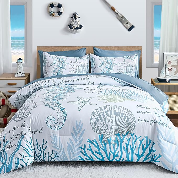 Comforter Set King Size Coastal, Beachy Themed Comforters,7 Pieces Ocean Bed in a Bag Nautical Bedding Seahorse Sea Shell with Sheets for All Season