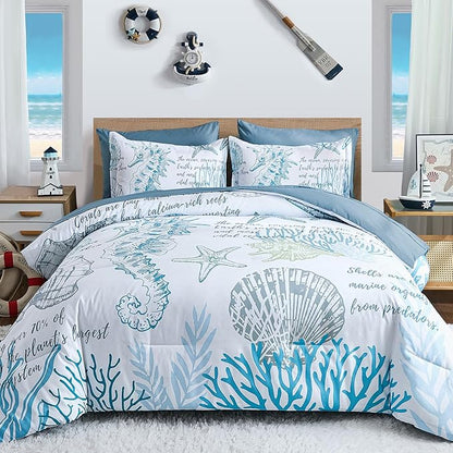 Coastal Comforter Set Queen, Beachy Themed Comforters,7 Pieces Ocean Bed in a Bag Nautical Bedding Seahorse Sea Shell with Sheets for All Season