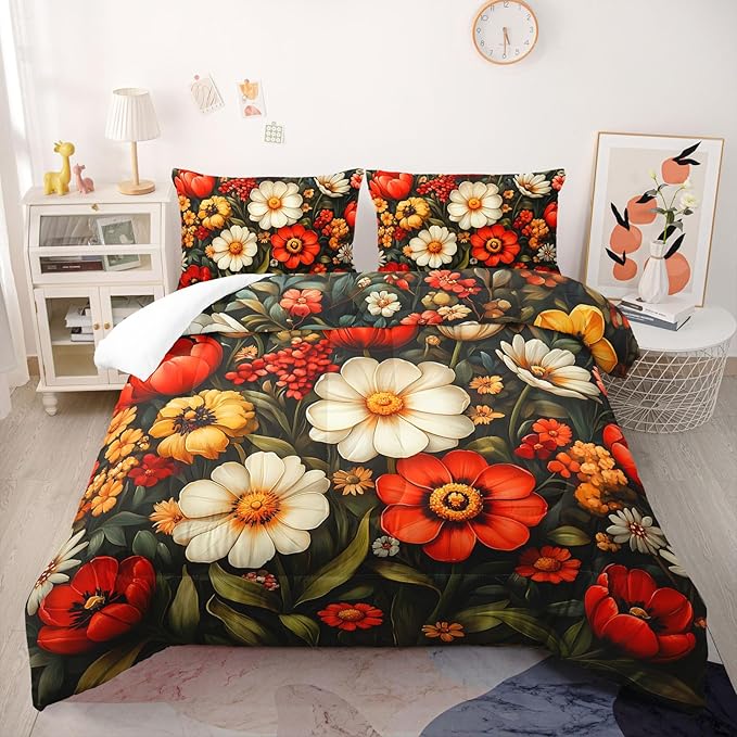 Cute Flower 3 Piece Bedding Set Twin Size，Colorful Floral Ultra Soft Microfiber Comforter Bed Set with 3-Pieces,Cute Colorful Botanical Flowers Patterned Bedroom Decor Comforter and 2 Pillow Shams