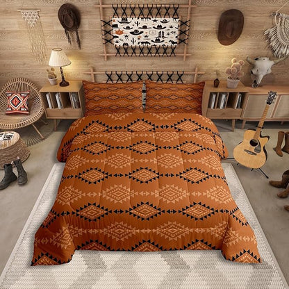 Erosebridal Queen Rustic Western Comforter Set for Boys, Southwestern Aztec Bedding Set for Teens Men Bedroom, Exotic American Native Bedding Comforter Sets Vintage Bohemian Geometric Quilt, Brown