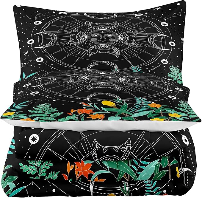 Tailor Shop Sun and Moon Bedding Set for Boys & Girls - Twin Size Galaxy & Gothic Comforter, Boho Exotic Black Bed with 1 Pillowcase