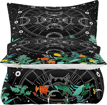 Tailor Shop Sun and Moon Bedding Set for Boys & Girls - Twin Size Galaxy & Gothic Comforter, Boho Exotic Black Bed with 1 Pillowcase