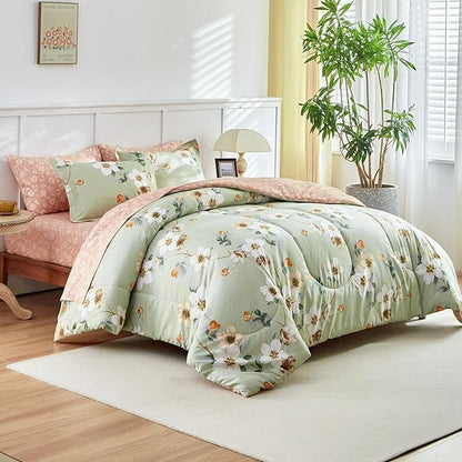 AIKASY 7 Piece Floral Comforter Set Queen Size - Soft Microfiber Bed in a Bag with Sheet Set for All Seasons - Green Flower Botanical Design - Reversible Bedding Set