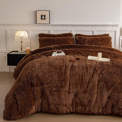chovy Faux Fur Plush Coffee Comforter Sets King - Ultra Soft Shaggy Flannel Velvet Fluffy Fuzzy 3PC Bedding Set （Comforter x 1 Pillowcases x 2）