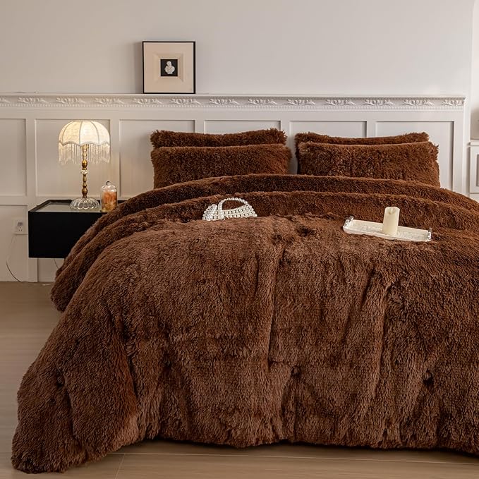 chovy Faux Fur Plush Coffee Comforter Sets Queen - Ultra Soft Shaggy Flannel Velvet Fluffy Fuzzy 3PC Bedding Set (Comforter x 1 Pillowcases x 2)