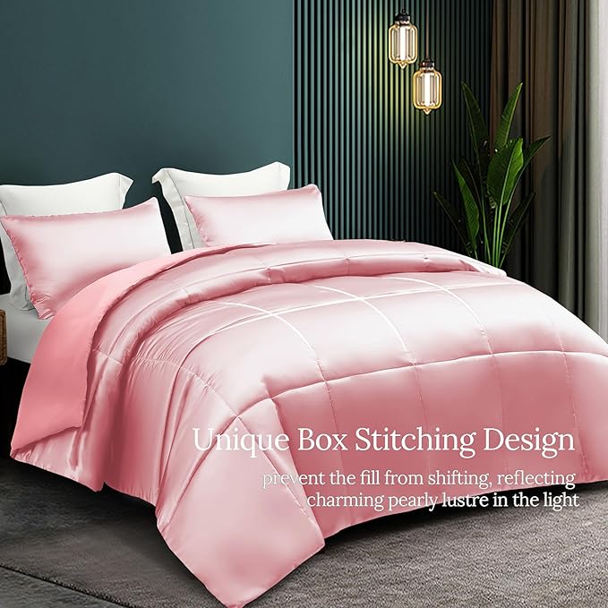 Whale Flotilla 3-Piece Reversible Silky Soft King Size Comforter Bedding Set, Luxurious Satin Comforters Oversized with 2 Satin Pillowcases, Lightweight Duvet for All Seasons, Pink