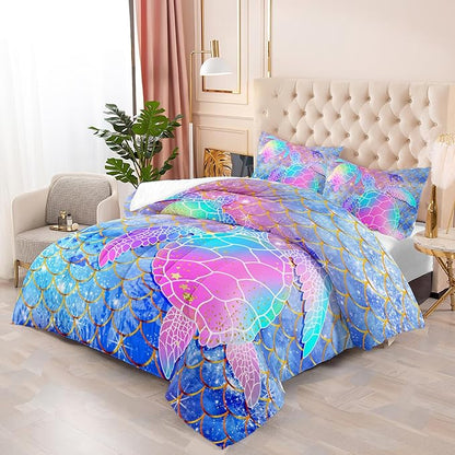 Mermaid Scales Bedding Set for Girls,Rainbow Scales Mermaid Printed Comforter Set Queen Size for Kid Women,Glitter Star Bed Set Quilts Set Lightweight Soft Microfiber Warm Down Alternative All Season