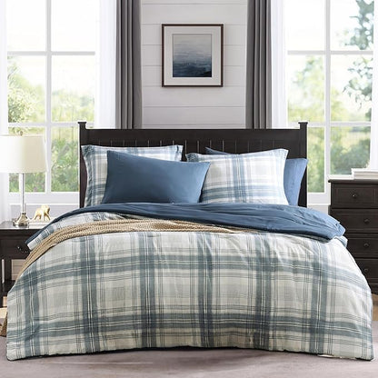 MaiRêve Plaid Full Comforter Sets, Blue Grey Grid Farmhouse Bedding Set Bed in A Bag, Classic Checkered Comforter Sets with Fitted & Flat Sheet, Pillowcases & Shams(Blue Grey, 80"x90")