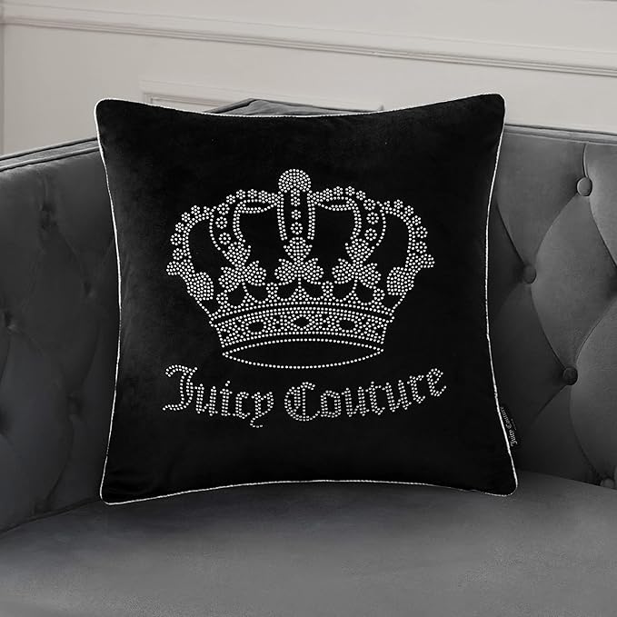 Juicy Couture Square 1-Piece Living Room and Bedroom Décor, Premium Throw Pillow, 20"x20", Black Rhinestone Crown
