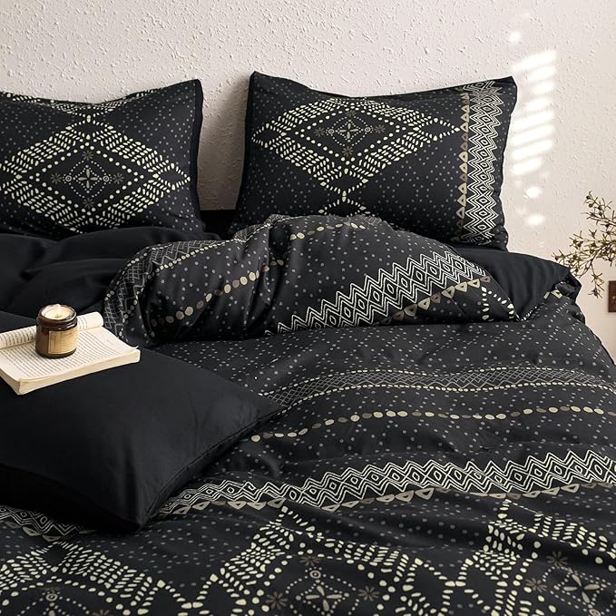 Wake In Cloud - Boho Comforter Set, Farmhouse Bohemian Western Aztec Neutral Aesthetic, Soft Lightweight Bedding, 3 Pieces, Charcoal Black, Full Size