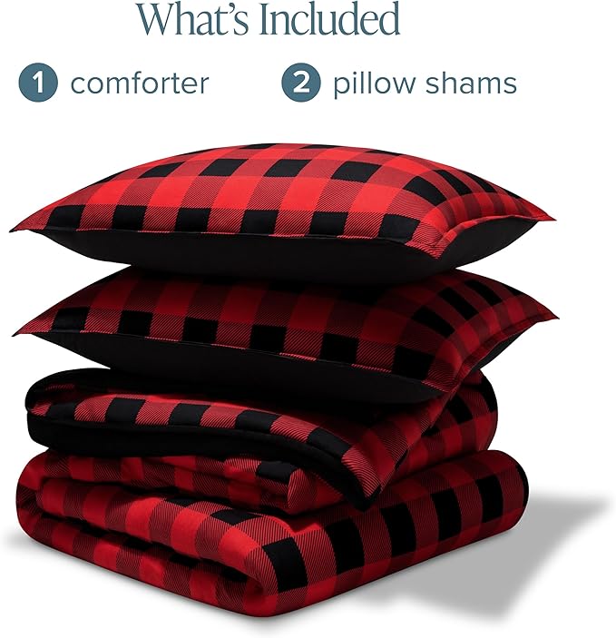 Bare Home Comforter Set - King Size - Ultra-Soft - Goose Down Alternative - Premium 1800 Series - All Season Warmth Comforter (King, Buffalo Plaid - Red/Black/Black)