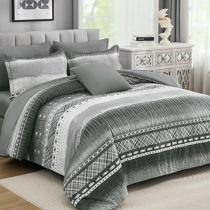 WONGS BEDDING 8 Piece Queen Size Comforter Set, Texture Striped Bed in a Bag Grey Comforter and Sheet Set, Boho Lightweight Microfiber Bedding Set for All Season (90"×90")