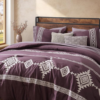MaiRêve Embroidery Full Size Comforter Set Purple, Farmhouse Western Boho Bedding Set 7 Pieces, All Season Bed in A Bag Comforter Set with Sheets, Pillowcases & Shams