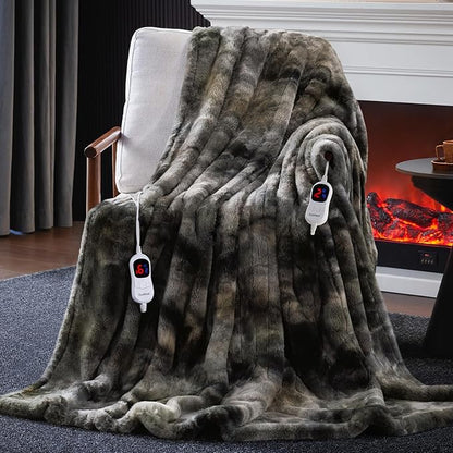 Guohaoi Heated Blanket Electric Throw, Soft Faux Rabbit Fur Electric Blanket with 10 Heating Levels 5 Sitting Timer Auto Off, Dual-Controller Heating Blankets, Machine Washable(90"×100" Dark Grey)