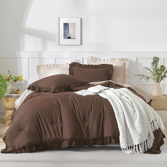 Andency Brown Ruffle Comforter Twin XL(68x92Inch), 2 Pieces(1 Ruffled Comforter and 1 Pillowcase) Solid Farmhouse Shabby Chic Bed, Vintage Rustic Soft Microfiber Bedding Set