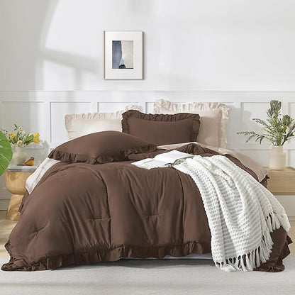 Andency Brown Comforters Queen Size, 3 Pieces Solid Shabby Chic Farmhouse Bedding Comforters & Sets, Lightweight Fluffy All Season Soft Down Alternative Bed Set for Women Men