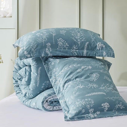 Bedsure Full Comforter Set - Mineral Blue Bed Set, 3 Pieces Cute Floral Bedding, 1 Soft Reversible Botanical Flowers Comforter and 2 Pillow Shams