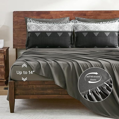 Xruibed Blcak King Comforter Set 7 Pieces, Black Grey Boho Striped Bed in a Bag King Size Soft Microfiber All Season Bedding Set with Comforter, Sheets, Pillowcases & Shams(104"×90")