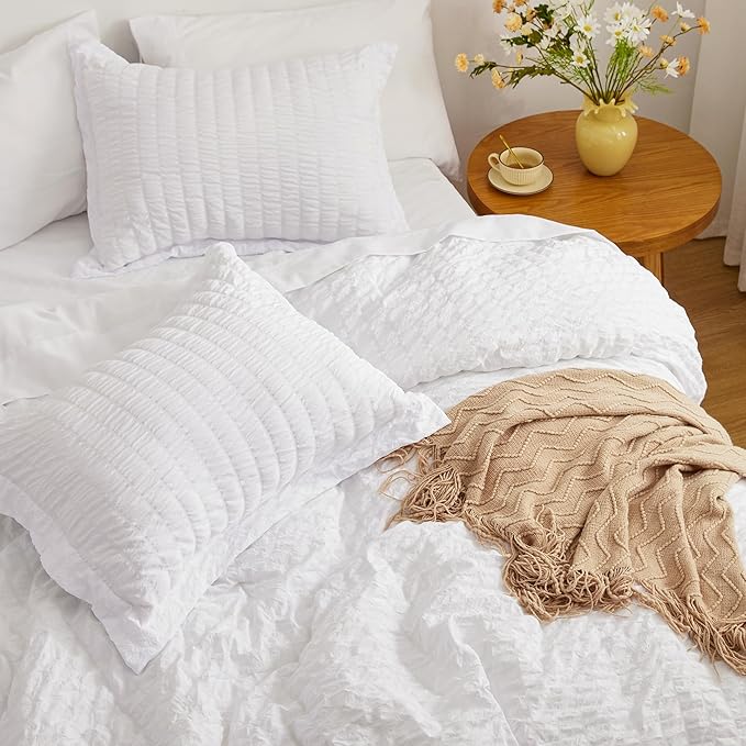 Love's cabin Seersucker White Full Comforter Set, 7-Piece All Season Lightweight Bed in a Bag Bedding Set with Comforter, Flat Sheet, Fitted Sheet, Pillowcases and Shams | Soft, Breathable, Lightweight