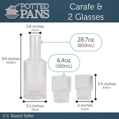 3pc Vintage Bedside Water Carafe and Glass Set - 28.7oz Glass Juice Pitcher with Lids for Fridge or Nightstand - Use for Water, Juice, Milk, Wine, and More