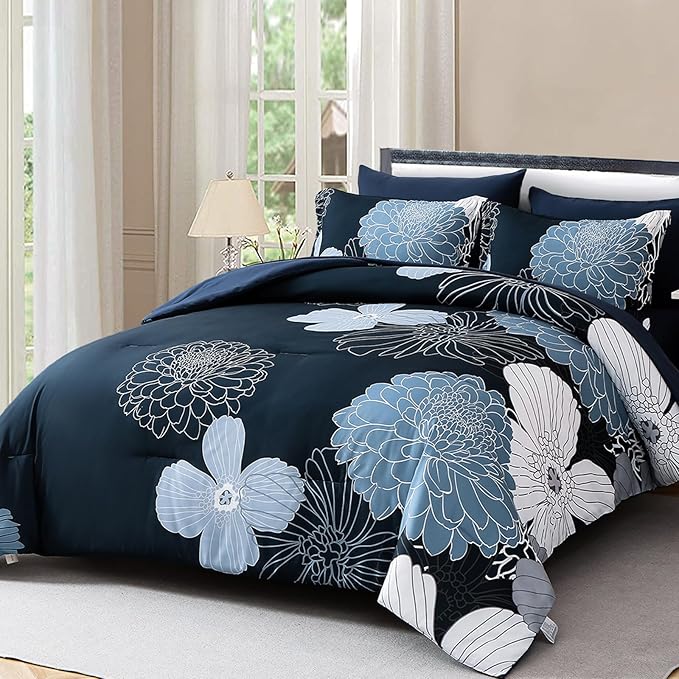 Yiran Navy Blue Bed in a Bag Comforter Set Queen 7 Pieces Floral Bedding Set for Bed,Soft Microfiber Flowers Comforter with 1 Flat Sheet 1 Fitted Sheet 2 Pillowshams