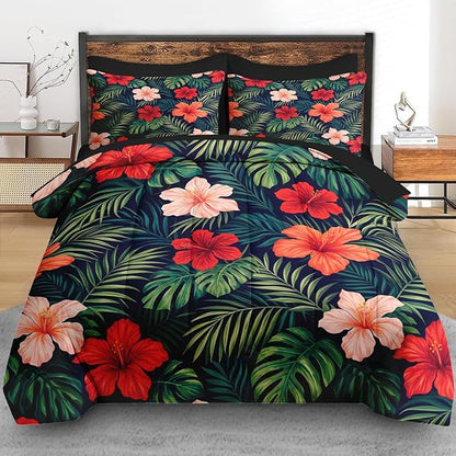 Comforter Set Queen Size, Summer Colorful Hawaiian 7 Pcs Bedding for Kids and Adults, Tropical Plants Hibiscus Bed Sheet Sets with Fitted Sheet 2 Pillowcases & 2 Shams for Bedroom Bed Decor