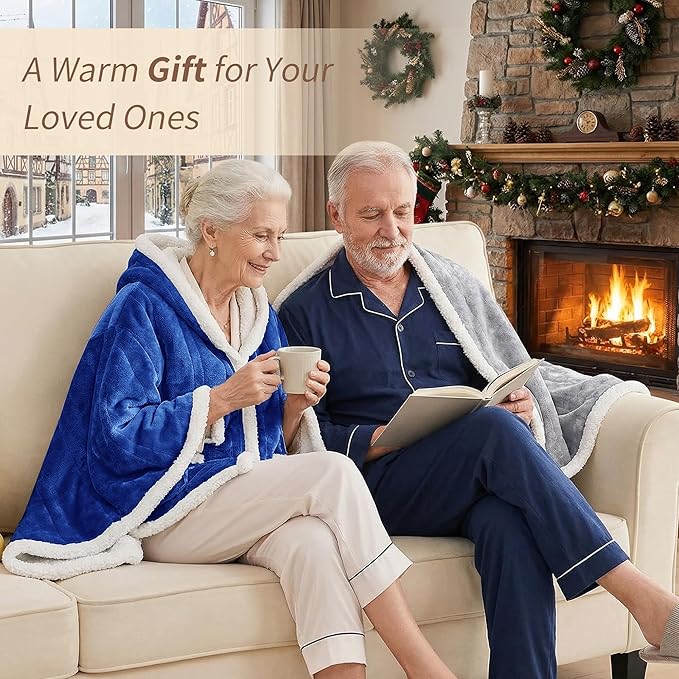 Myiosus Heated Blanket Wearable Shawl, Electric Wrap Poncho Blanket Hoodie with Pockets, Velvet & Sherpa Heating Throw with 6 Heating Levels & 4 Time Settings,Birthday Gifts for Mom, 50 x 64 Inch,Navy