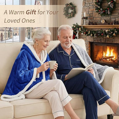 Myiosus Heated Blanket Wearable Shawl, Electric Wrap Poncho Blanket Hoodie with Pockets, Velvet & Sherpa Heating Throw with 6 Heating Levels & 4 Time Settings,Birthday Gifts for Mom, 50 x 64 Inch,Navy
