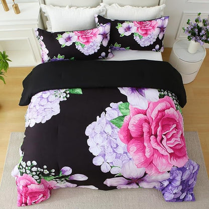 Floral Comforter Set Queen Size, 3 Pieces Elegant Black Floral Bed in a Bag, Soft Microfiber Botanical Flower Bedding Set with 2 Pillowcases for All Season 90"×90"