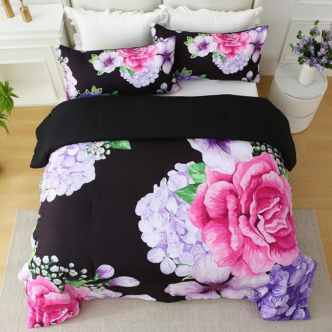 Floral Comforter Set King Size, 3 Pieces Elegant Black Floral Bed in a Bag, Soft Microfiber Botanical Flower Bedding Set with 2 Pillowcases for All Season 104"×90"