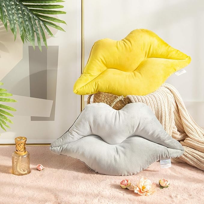 Ashler Lips Throw Pillows Smooth Soft Velvet Insert Included Cushion for Couch Bed Living Room, Yellow, 24 X 12 inches