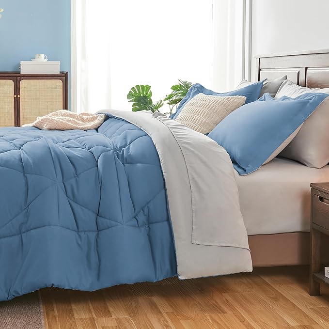 BEDELITE Twin Comforter Set 5 Pieces Bed in A Bag - Soft Microfiber Reversible Blue Bed Set with Comforters, Sheets, Pillowcase & Sham, Cozy Luxury Bedding Sets for All Season