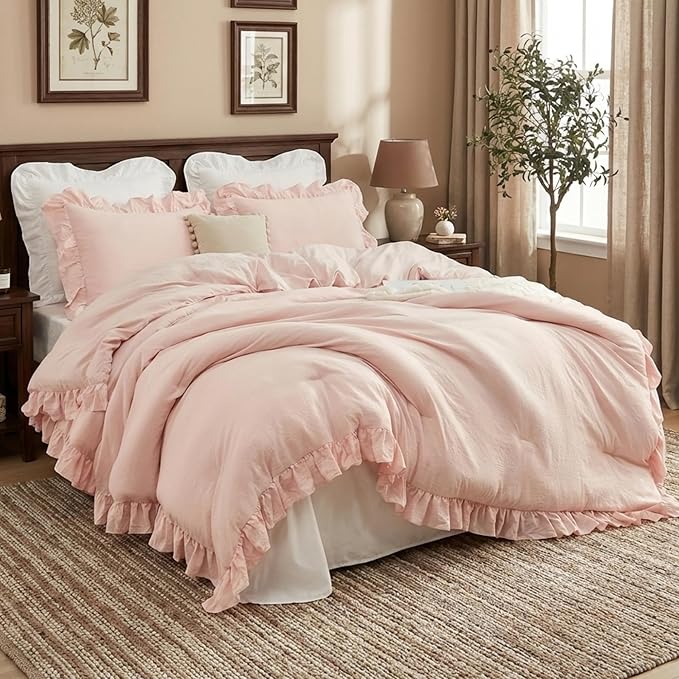 CAROMIO Pink Ruffled Comforter Set Queen Size, 3PCS Soft Washed Microfiber Lightweight & Fluffy All-Season Bedding Comforter with Vintage French Country Style, Pink, 90x90 in