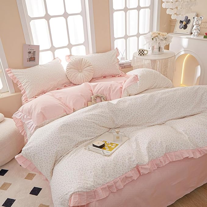 HighBuy Flower Comforter Set Queen Size Coquette Romantic Comforter Fluffy Girl Lace Bedding Comforters Soft Ruffle Floral Comforter Set 1 Ruffled Comforter with 2 Pillowcases for All Season