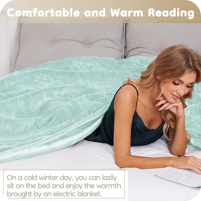 Electric Heated Blanket King Size 90"×100", Comfortable & Luxurious Flannel, 4 Heating Levels & 10 H Auto Shut Off, Mint Green