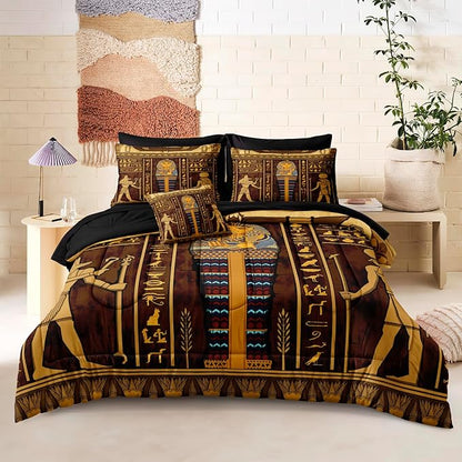 Ancient Egypt Comforter Set Black Gold Bedding Set Pharaoh Tribal Retro Comforter Egypt Cultural Theme Bedroom Decor Boho Exotic Vintage Bedding King Bed in A Bag