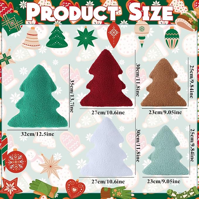 Cumule 5 Pcs Christmas Throw Pillows Cute Xmas Tree Shaped Plush Pillow for Christmas Winter Holiday Party Outdoor Bedroom Cushion Decoration