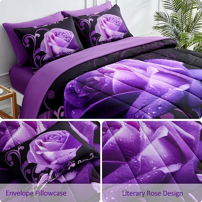 WONGS BEDDING Purple Comforter Set Cal King, Reversible Purple Rose 7 Pieces Bed in a Bag, Lightweight Soft Microfiber Bedding Sets with Flat Sheet, Fitted Sheet, Pillowcases & Shams