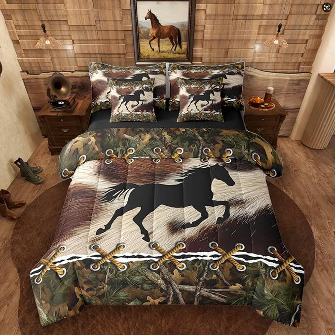 Erosebridal Camo King Size Comforter Set with Sheets | Western Horse 7 Piece Bedding Set Mens Camouflage Country Bed in a Bag, Farmhouse Woodland Animals Room Decor,Rustic Cabin Decor Camo Bed Set