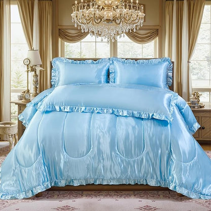 Satin King Comforter Silk Like Baby Blue Bedding 4 Pcs Hotel Soft Polyester Bed Set Luxury Silky Body Pillow Cover Ruffle Home Decor