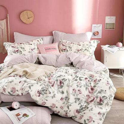 Vintage Cotton 3pcs Floral Comforter Sets Queen Size - Dusty Rose & Soft Gray Foliage on White, Blush French Striped Patchwork Reverse, Neutural Lightweight Bedding Sets(Queen 90"×90")