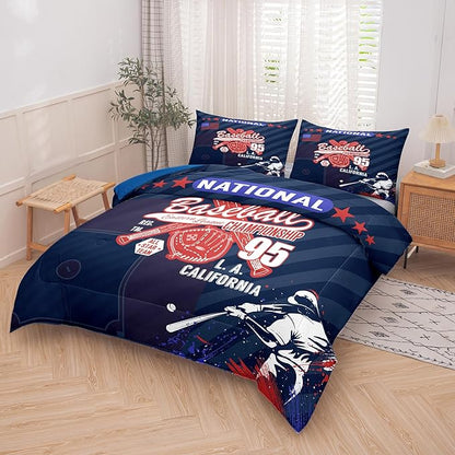 NINENINE Kids Baseball Comforter Set Queen Size, 3 Pieces Blue Boys Baseball Bedding Sets Queen, Sports Comforter Sets for Boys Girls Kids with 2 Pillowcases
