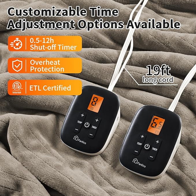 Heated Electric Blankets - Soft Flannel Heating Throw Electric Blanket with 6 Heat Settings King Size 100" × 90" Taupe - Velvet & Sherpa
