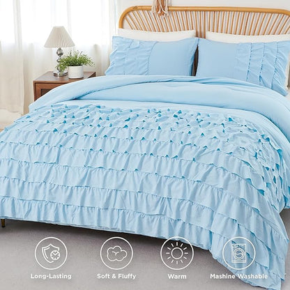 PERFEMET Ruffles Comforter Set 3 Pieces Light Blue Queen Comforter Set Shabby Chic Bedding Sets for Women Teen Girls Fluffy for All Season