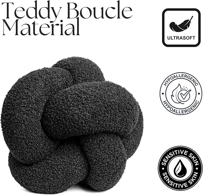 SAMIAH LUXE Black Knot Pillow Ball 12" for Home Decor Living Room, Teddy Boucle Knotted Black Decorative Pillow for Couch, Knot Throw Pillows for Living Room Decor, Sensory Knotted Circle Pillows